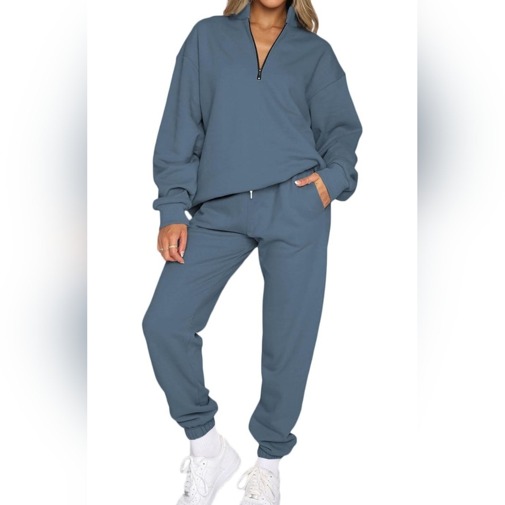Aleumdr Women 2 Piece Outfits Sweatsuit Oversized Half Zip Pullover Long Sleeve
